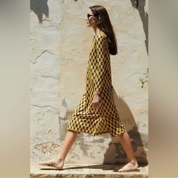 Zara Geometric Printed Satin Effect Flowy Midi Dress - Picture 1 of 6